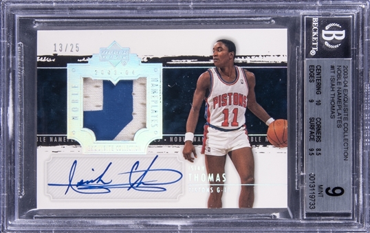 2003-04 UD "Exquisite Collection" Noble Nameplates #IT Isiah Thomas Signed Patch Card (#13/25) - BGS MINT 9/BGS 10